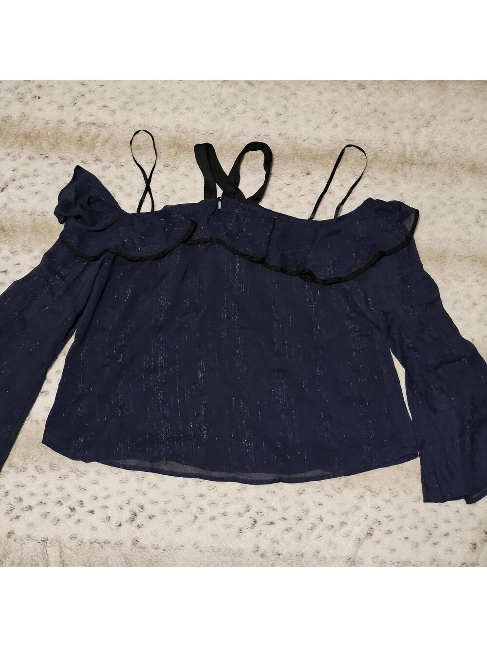 BOLD elements Navy Blue Keyhole Halter Neck Ruffle Blouse XL NWT
